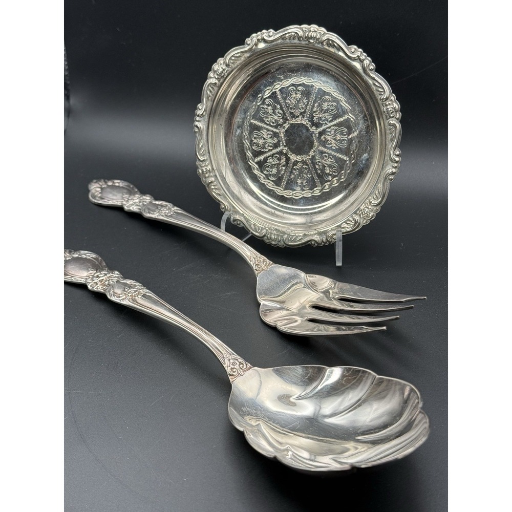 VTG 1953 Rogers Bros IS HERITAGE Silverplate Salad Serving Set Spoon Fork & Dish
